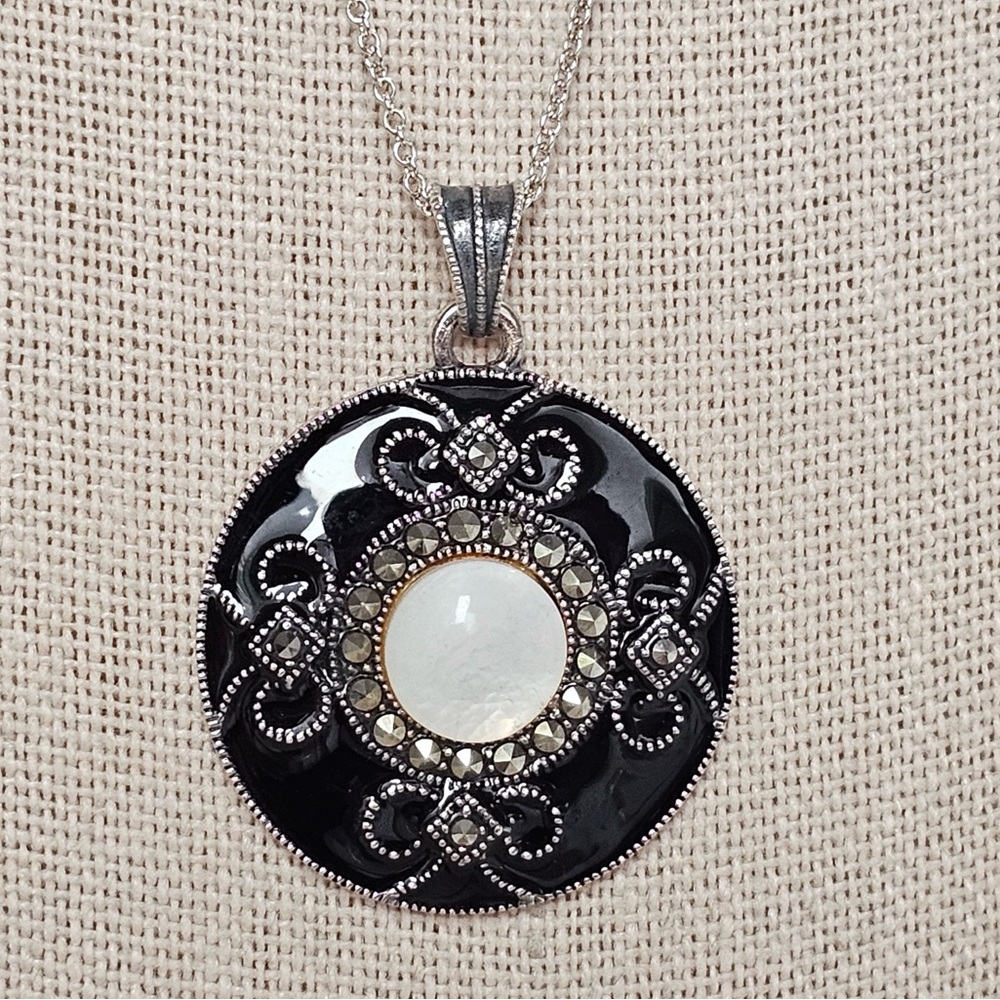 Black Enamel and Mother of Pearl 925 Necklace with Marcasite Accents Vintage